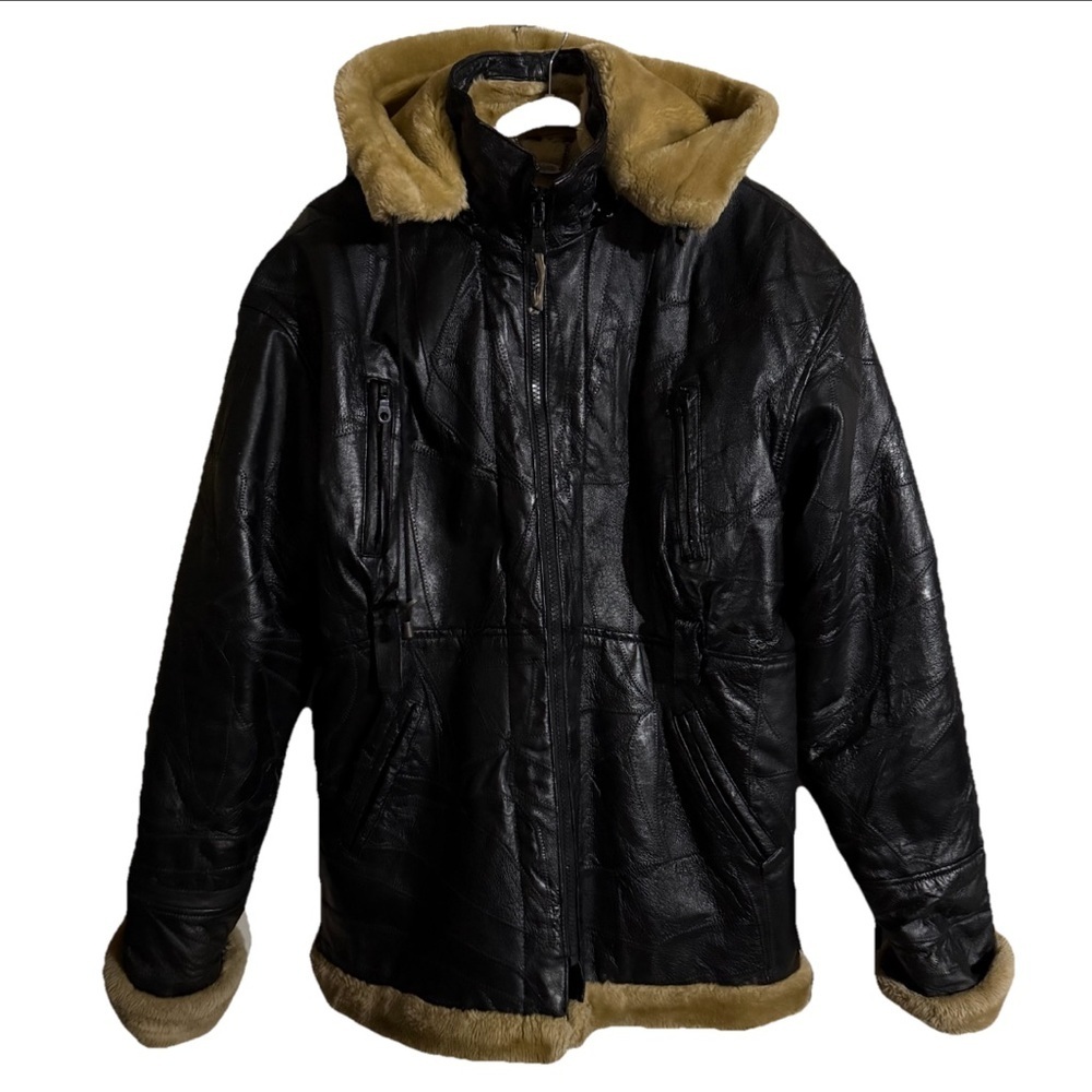 Vintage Vi Lanto Mens XXL Black‎ Leather Faux Sherling Removable Hooded Jacket